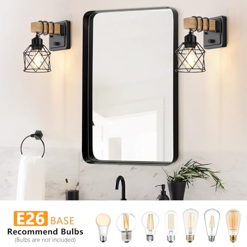 Image of FadimiKoo Farmhouse Wall Sconces 4 Pack, Bedside Wall Lamps with Dimmer ON /Off Switch, Black Wall Light Fixtures with Metal Cage, Rustic Wooden Sconces Wall Lighting for Living Room, Hallway, Bathroom