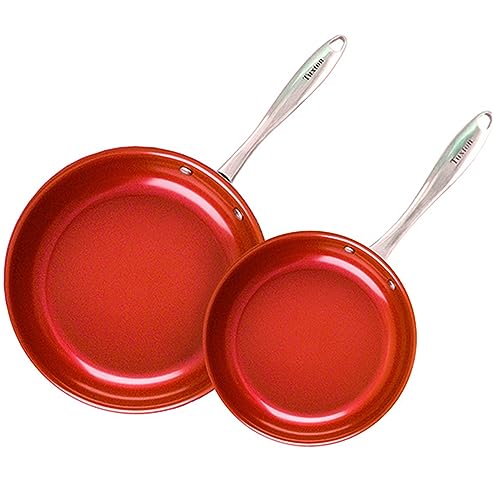 Image of Non Stick Frying Pans - Tuxton Home Concentrix 2-Piece Stainless Steel Pan Set - Stove & Oven Compatible 8-inch & 11-inch Ceramic Frying Pan with Riveted Handles - Cayenne Red Nonstick Pan Set