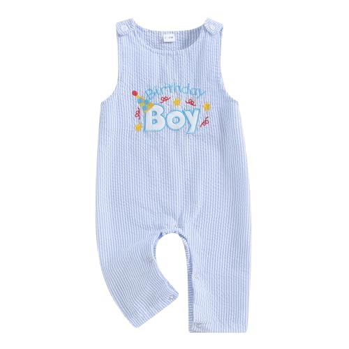 Geagodelia Infant Baby Boy Girl Birthday Overalls Romper Newborn Baby Boys' Full Length Jumpsuit Letter Embroidery Button Bodysuits Happy Birthday Party Playsuit for Unisex Baby (Blue, 12-18 Months)