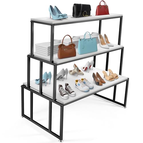 CIVANA 3-Tier Display Table & Heavy Duty Display Riser Stand for Shoes Handbags Clothing Iron and Wood Black Store Display for Retail Boutique Home Organization Supplies