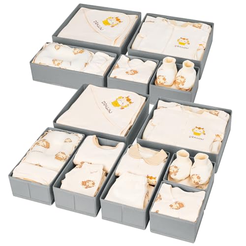 Image of DIMJ Drawer Organizer Clothes 12 Pack - Foldable Baby Organizers and Storage & Dresser Organizer for Bedroom, Closet - Nursery Organization Dresser Dividers for underwear, Sock,Bra, Belt, Tie, Gray