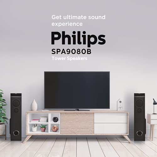 Image of Philips SPA9080B Bluetooth Multimedia Tower Speakers with Powerful 80W Output, Deep Bass, Waterproof, Wireless Bluetooth Connectivity, Karaoke Mic, Remote Controlled (Black)