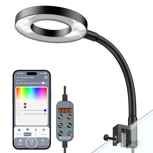 Image of Pawfly 6W Smart Bluetooth Fish Tank Clip Light, Full Spectrum LED Aquatic Light with 24-Hour Cycle Timer & Variable Brightness, USB Supply for 1-5Gal Small Tanks (Adapter Not Included)