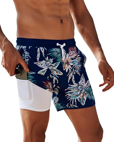 Arcweg Mens Swim Trunks Retro Swimming Shorts Bathing Suits with Mesh Lining 2 in 1 Vintage 80s 90s Swimwear Board Shorts