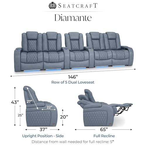 Image of Seatcraft Diamante Smokey Blue Italian Leather Home Theater Seating, Zero Gravity Power Recliner, Gaming and Home Office Chair, Powered Headrest Furniture for Cinema Room, Row of 5 Dual Loveseats
