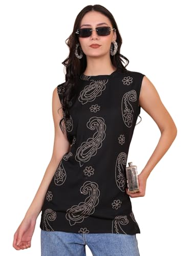 Image of StyFun Women Viscose Rayon Ethnic Motifs Printed Sleeveless Kurti with V-Neck Black Ideal Gift for Girls