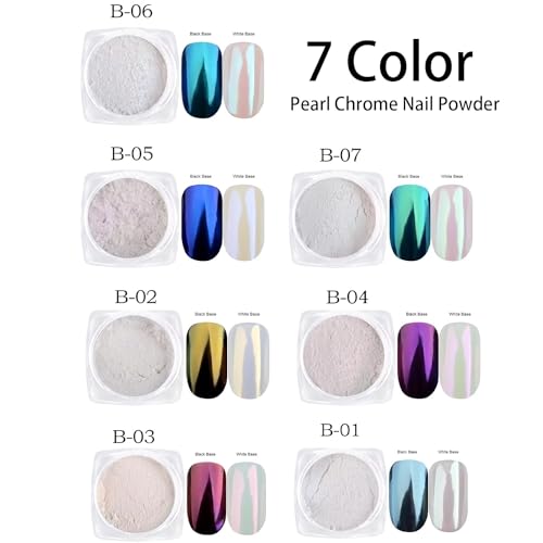 Image of 7 Colors Pearl Chrome Nail Powder Iridescent Aurora Powder Metallic Mirror Effect Glitter Powders Pearlescent Ice Transparent Mermaid Pigment Dust for Gel Polish Nail Art Decoration