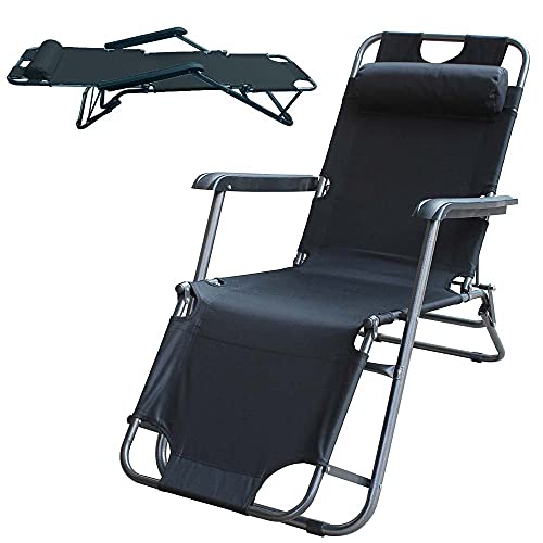 Bakaji Sedia Sdraio Reclinabile In Lettino Prendisole Esterno Giardino Poltrona Relax Pieghevole In Metallo E Tessuto Oxford Traspirante Con Poggiatesta Imbottito Terrazzo Piscina Spiaggia (Nero) - 2
