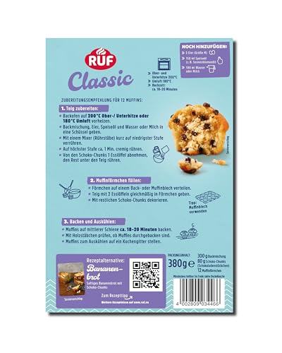 RUF Classic Muffins Backmischung, helle American Style Muffins mit Schoko-Chunks, einfache Zubereitung, 12 Muffin-Förmchen inklusive