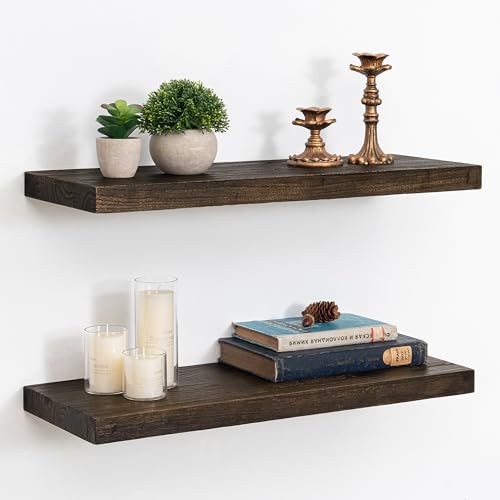 Image of Acovy Extra Deep 24 inch Long Rustic Solid Wood Floating Shelves for Wall, Wall Shelves with Invisible Bracket for Living Room Bathroom Bedroom Kitchen, Set of 2, Walnut