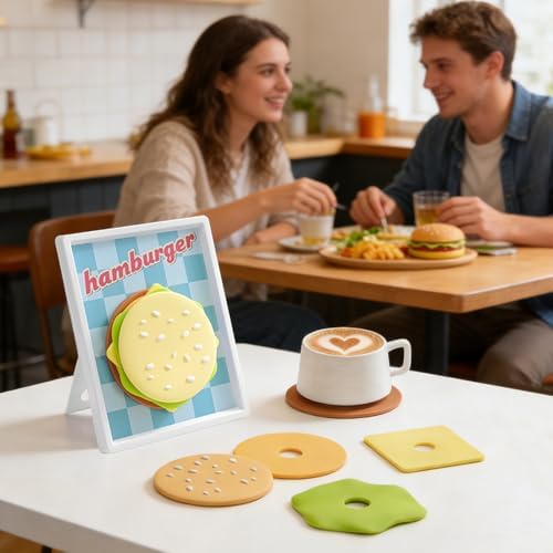 Sevimli Bardak Altlıkları - Hamburger Desenli Kaymaz Silikon Pedi,Manyetik Saklama Çerçeveli İçecek Bardak Altlıkları - Kahve Bar, Ev, Ofis, Oturma Odası Dekorasyonu, Erkek Kadın Hediyesi - Görsel 7