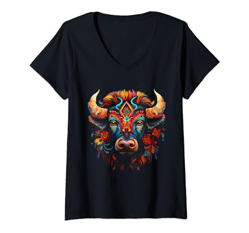 Bison American Buffalo Colorful Boho Native American Pattern V-Neck T-Shirt
