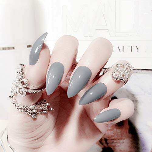 MISUD 24Pcs Stiletto Press on Nails Glossy Light Gray Fake Nails Medium Long Natural Full Cover Nails for Daily Use
