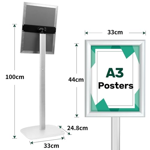 Mutualsign Lot de 3 supports d'affichage robustes A3 sur pied avec base stable, porte-panneau à cadre encliquetable pour menu/avis/publicité/accueil, argenté – vue 3