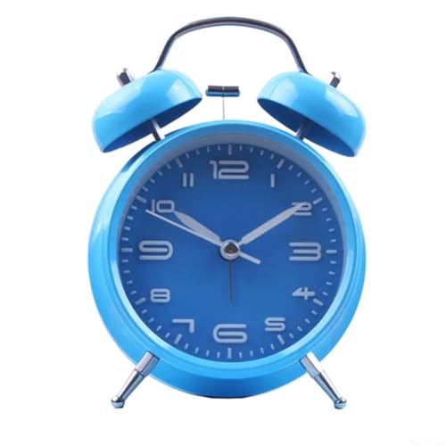 Honseadek Reloj despertador de metal de 4 pulgadas con campana doble vintage fuerte, movimiento de barrido silencioso y esfera iluminada para mesita de noche, funciona con pilas, analógico (azul)
