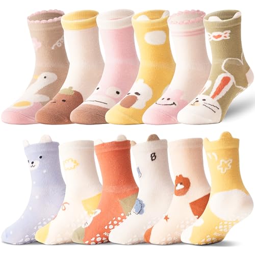 ANTSANG Stoppersocken Kinder für Mädchen Jungen Kleinkind Greifer Socken, Crew Baumwolle Antirutsch, 12 Paar(22-24, Spaßtier)