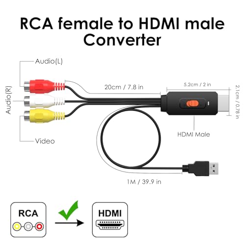 Image of RCA to HDMI Converter, AV /Composite to HDMI Cabler Adapter Support 1080P,4:3 /16:9 Switch Compatible with WII, PS2, PS3, N64