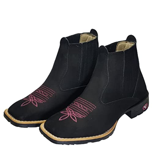 Bota Botina Texana Country Modativa Feminino e Masculino Couro Legítimo Cano Médio (36, Preto c/Rosa