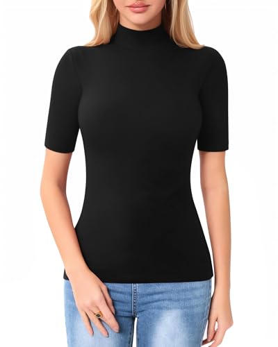 Image of MANGOPOP Women's Mock Turtle Neck Slim Fit 3 /4 Sleeve T-Shirt