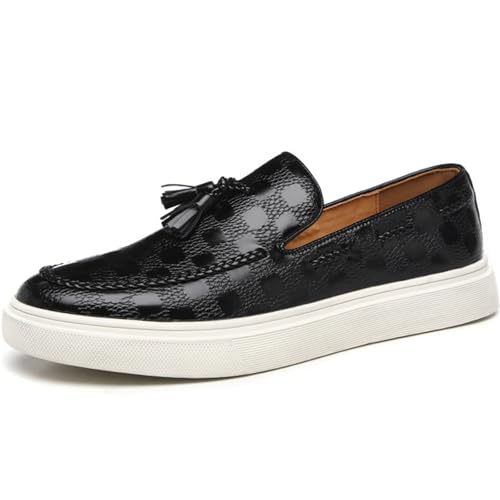 Men's Classic Business Plaid Pattern Leather Tasseled Loafers Comfortable Round Toe Non-Slip Flat Walking Shoes