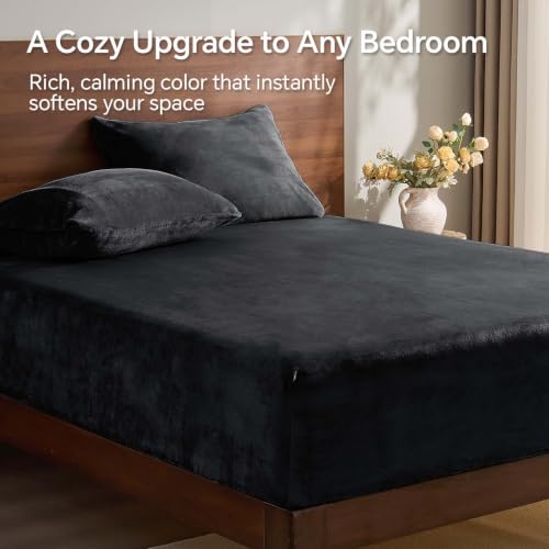 Image of BEDELITE Flannel King Fitted Sheet & Pillowcases Set, Black, 3 Pieces | Ultra Soft Plush Fleece Bed Sheet with Elastic Corner Straps, 16 Inch Deep Pocket, Fuzzy All-Season Gift & Room Decor