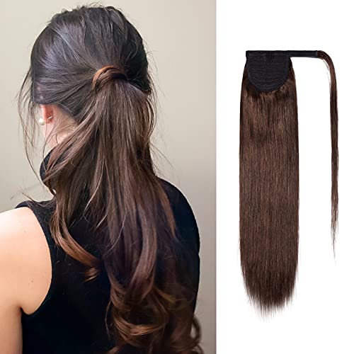Ponytail Extensions Wrap Around Clip in Human Hair Ponytail Remy Human Hair Pony Tails Hairpiece Long Straight Comb Binding One Piece for Women Girl 14 inch Medium Brown #4