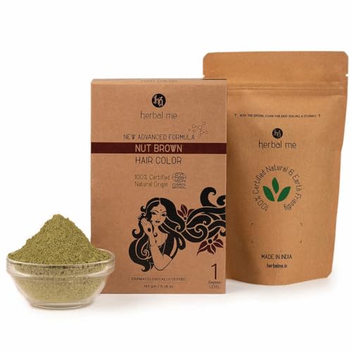 HM Herbal Me Natural Hair Color | CERTIFIED 100% Natural by Ecocert Greenlife (France) I Chemical Free I Plant Based Hair Dye I Men & Women (Nut Brown) – 150 Gm