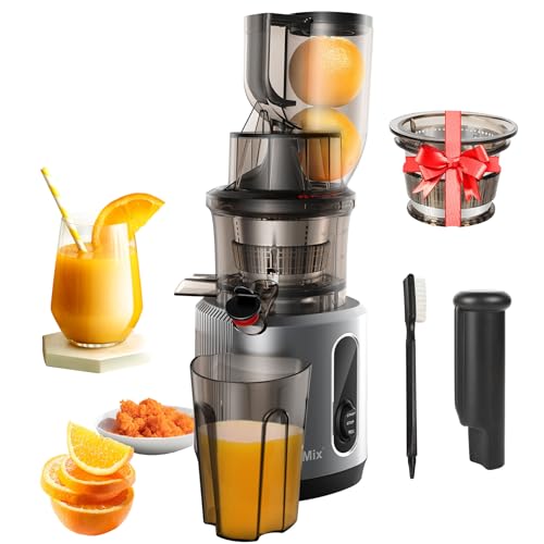 Exprimidor eléctrico de Zumo de 200 W, prensado en frío de masticación Lenta con Cepillo, Alto Rendimiento de Zumo, tolva de alimentación de 75 mm, Potente Motor de 55 RPM, para Frutas y Verduras ent