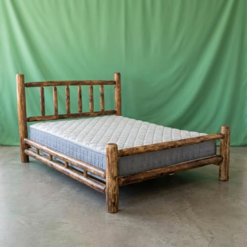 Log Bed Frame with Headboard, Queen Size - Torched Finish,