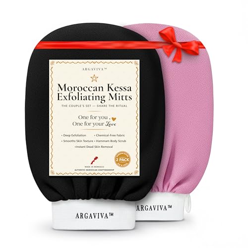Argaviva Moroccan Exfoliating Glove for Shower - Kessa Hammam Body Scrub Gloves Exfoliating Mitt Bath Mitt - Couples Spa Set 2 Pack His and Hers Pink and Black