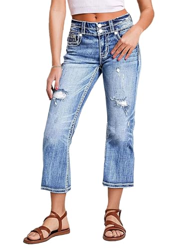 Flamingals Ripped Capri Jeans for Women Mid Waist Casual Dual Button Straight Leg Cropped Denim Jeans