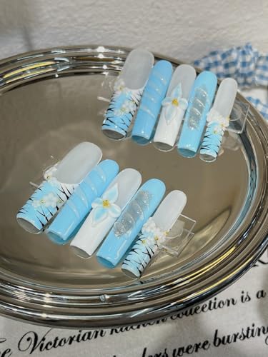 Faux ongles à presser floral bleu et blanc taille M | Lot de 10 capsules