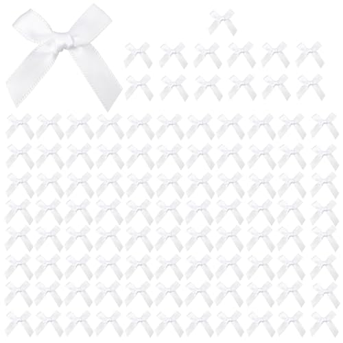 Nzexlyva 100 Pcs White Mini Ribbon Bows, Satin Bows for DIY Crafts Wedding Decoration Card Making, Cute Small Bows for Sewing Scrapbooking Christmas Wedding Gift Wrapping Candy Treat Bags