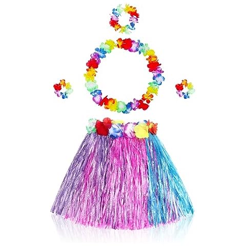 Fortuning's JDS Girl's Hawaiian Hula Grass Skirt Matching Elastic Flowers Kids Costume Set for Luau Tropical Beach Party Cover