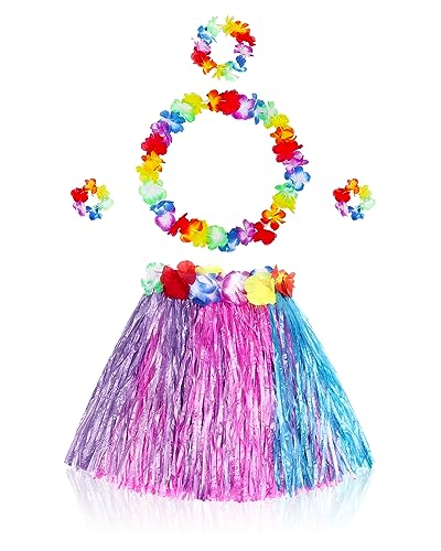 Fortuning's JDS Girl's Hawaiian Hula Grass Skirt Matching Elastic Flowers Kids Costume Set for Luau Tropical Beach Party