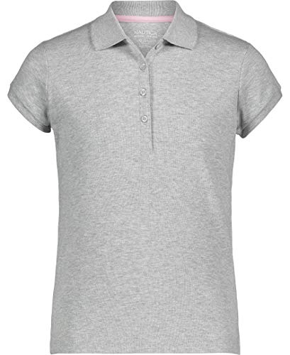 Nautica Girls School Uniform Short Sleeve Polo Shirt Button Closure Soft Pique Fabric Grey Heather 050 16