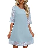 LookbookStore Shift Dress Bell Sleeve Lace Dress for Women Summer Casual 3/4 Sleeve Dress for Women Blue Floral Lace Bell Sleeve Dresses Tunic Short Dress Size XL Tunic Dresses Blue Size 16 Size 18