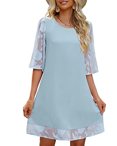 LookbookStore Wedding Guest Dresses for Women Summer Floral Lace Shift Dress Tunic Dress Bell Sleeve Blue Summer Women Dresses for Special Occassions Size Medium Shift Dresses Size 8 Size 10