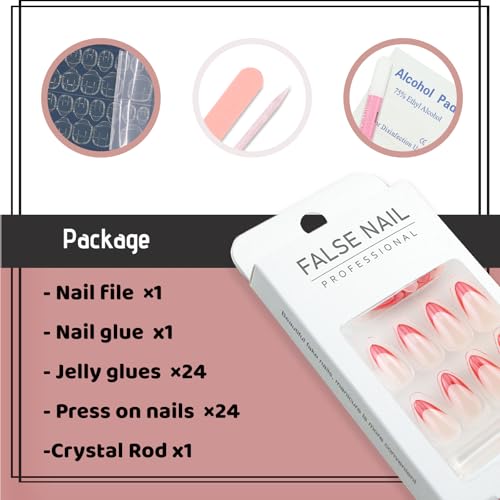 YOSOMMK Red French Fake Nails Medium Press on Nails Almond Glossy Acrylic Glue on Nails Full Cover Artificial False Nails for Women and Girls — view 5