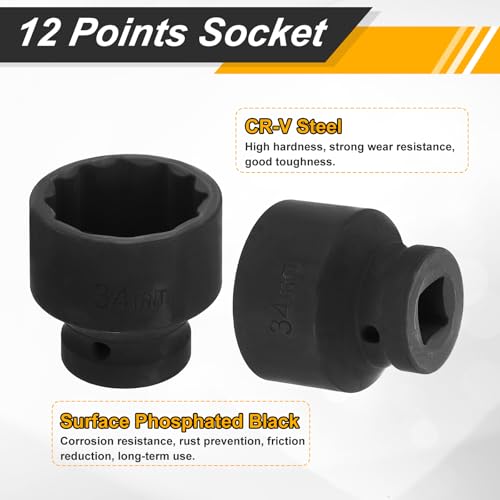 Image of HARFINGTON 5pcs 1 /2 inch Drive x 34mm Shallow Impact Socket 12-Point Metric CR-V Steel Spindle Nut Impact Flip Sleeve for Home Auto Nuts Bolts Repair