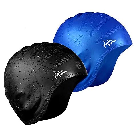 Swim Cap for Long Hair 2 Pack Thicker Design Solid Silicone Waterproof Swimming Caps for Woman Adults and Men (Black+Blue) Cover