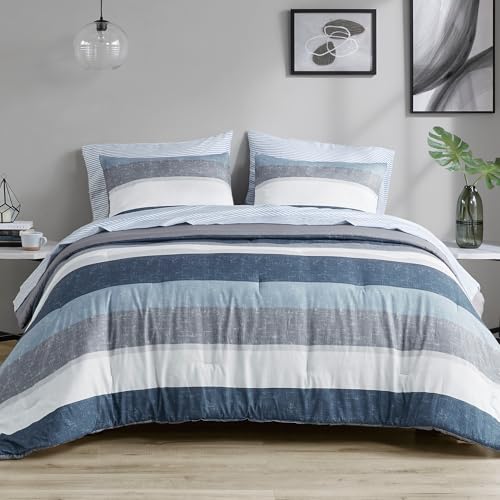 Madison Park Essentials Jaxon Bed in a Bag Comforter Set with Sheet, Printed Stripe Design, Modern All Season Bedding and Matching Sham, King Blue/Grey 7 Piece