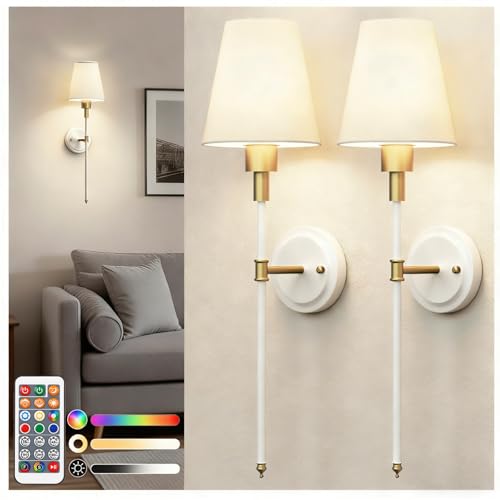 Image of DORESshop Battery Operated Wall Sconce Set of 2, Wireless Wall Light Easy to Install, 7 Color Rechargeable Wall Sconces, Sconce Wall Decor Set of 2 for Bedroom, Living Room, Gold and White, 24.6in
