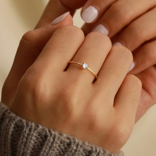 925 Sterling Silver Heart White Birthstone Ring for Women 14K Gold Plated Delicate Engagement Promise Rings to Daughter Mother Sister Minimalist Stackable Ring Wedding Christmas Gift for Her Size 5-72