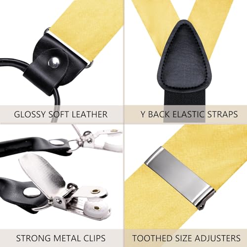 Image of Hi-Tie Men Suspender Bowtie Set Suspenders Pre-tied Bow Tie Pocket Square Cufflinks Adjustable Y Shape 6 Clips Braces Tuxedo