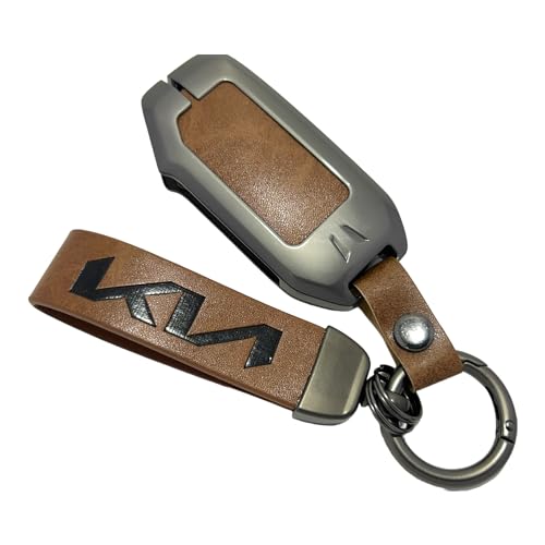 Image of Zinc Metal Alloy Leather Car Key Cover & Case Brown with Keychain & Holder Compatible for KIA Seltos, Sonet, Carens (4 Button Push Smart Key)