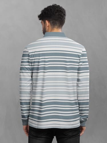 Image of BULLMER Striped Textured Printed Polo Neck Fullsleeve T-Shirt with Rib for Men