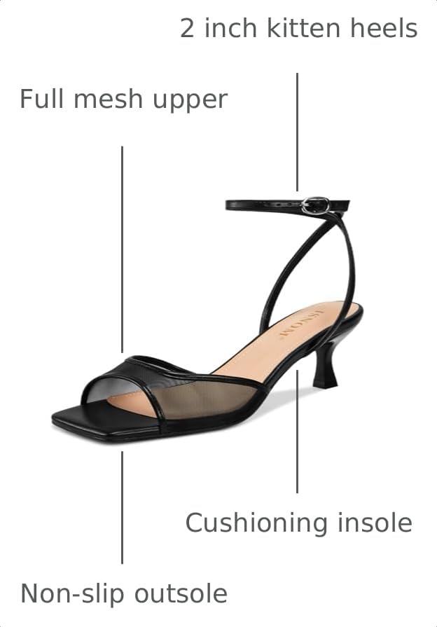Image of ISNOM Women's Mesh Square Toe Kitten Heel Sandals Ankle Strap Dress Shoes | Kitten Heels with Mesh Upper, Square Toe, Low Heels Comfort Design, Stylish Dress Sandals for Daily Wear