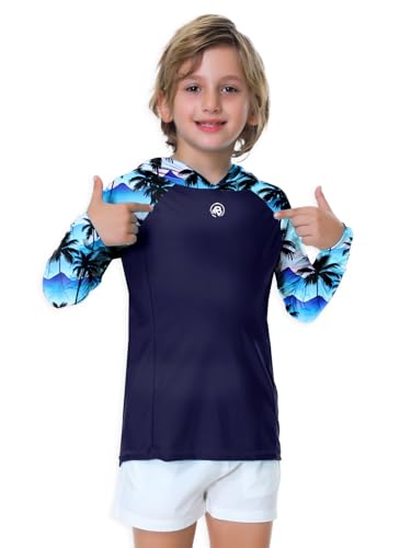 Image of AOBUTE Unisex Kids Long Sleeve Hoodie Rash Guard Boys UPF 50+ Swim Top with Thumb Hole 3-12 Years