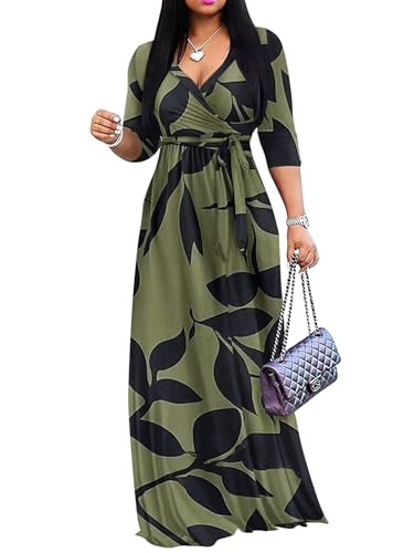 Image of Yajedo Womens Casual Summer Maxi Dress Plus Size Sexy Wrap V Neck 3 /4 Sleeve Sundress with Pockets